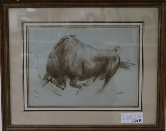 Raoul Millais (grandson of Sir J E Millais) 1901-99, charging bull, brush and ink, initialled, 18 x 25cm